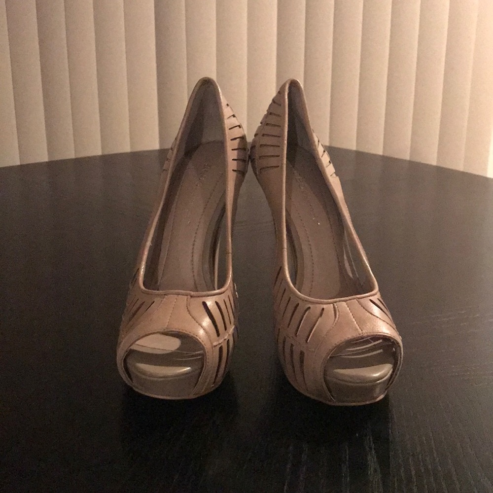 BCBG Beige Peep Toe Platforms